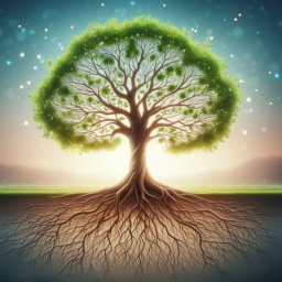 A representation of a family tree, with roots reaching deep into the ground.